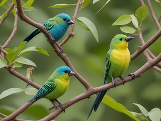 Wall Mural - Beautiful green and blue parrots on a branch in nature.