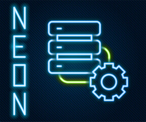 Poster - Glowing neon line Server and gear icon isolated on black background. Adjusting app, service concept, setting options, maintenance, repair, fixing. Colorful outline concept. Vector
