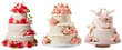 Set/collection of wedding cakes decorated with flowers. Multi-tiered cakes. Wedding cake with two white doves. Isolated on a transparent background.