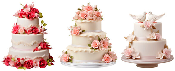 set/collection of wedding cakes decorated with flowers. multi-tiered cakes. wedding cake with two wh