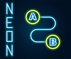 Poster - Glowing neon line Route location icon isolated on black background. Map pointer sign. Concept of path or road. GPS navigator. Colorful outline concept. Vector