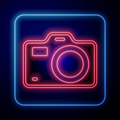 Poster - Glowing neon Photo camera icon isolated on black background. Foto camera. Digital photography. Vector