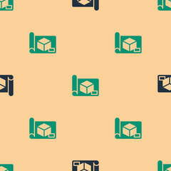Poster - Green and black Graphing paper for engineering icon isolated seamless pattern on beige background. Vector