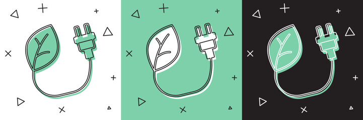 Poster - Set Electric saving plug in leaf icon isolated on white and green, black background. Save energy electricity. Environmental protection. Bio energy. Vector