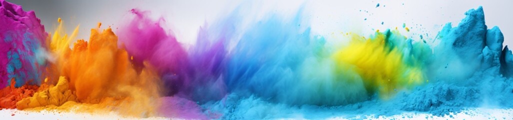 Wall Mural - rainbow colored powder is spray painted on the background of white background impressionist collages with primary colors light blue and green, header size