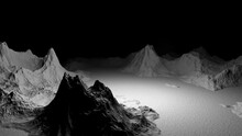 Isometry 3d Square Area. Abstract Landscape Background. 3D Technology Animated Landscape. Digital Terrain Cyberspace In Mountains With Valleys. Black On White. Scary Place On An Uncharted Planet