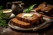 A traditional Dutch breakfast delight, Ontbijtkoek, served on a rustic wooden table with a spread of butter, a cup of coffee, and a morning newspaper