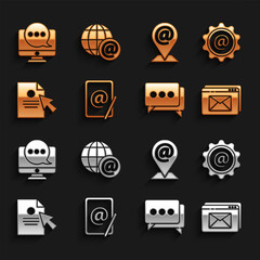 Poster - Set Mail and e-mail, Website envelope, Speech bubble chat, Document cursor, Location, Chat messages notification monitor and Earth globe with icon. Vector