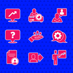 Poster - Set Hand for search a people, Team leader, Speech bubble chat, Resume, Question mark, Head hunting and Graph, schedule, chart icon. Vector