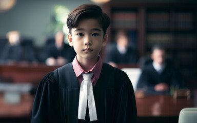 Children wearing lawyer and judge costumes The background of the trial room is blurred Future career dream ideas dream career