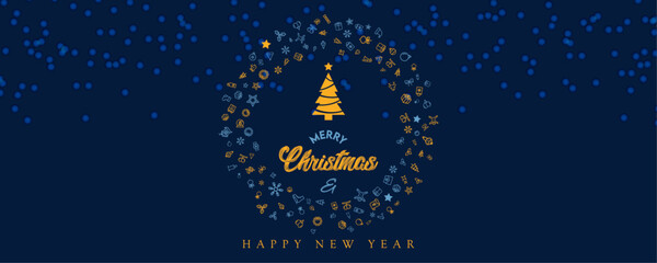 Wall Mural - Merry Christmas blue background with tree and snowflakes elements vector illustration.