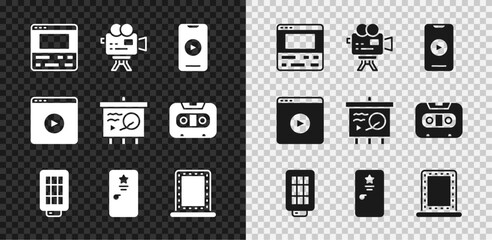Poster - Set Video recorder on laptop, Retro cinema camera, Online play video, Softbox light, Backstage, Makeup mirror with lights, and Scenario chalkboard icon. Vector
