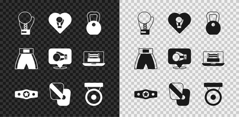 Wall Mural - Set Boxing glove, Weight, belt, training paws, gong, short and icon. Vector