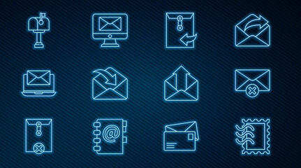 Poster - Set line Postal stamp, Delete envelope, Envelope, Laptop with, Mail box, Outgoing mail and Monitor and icon. Vector