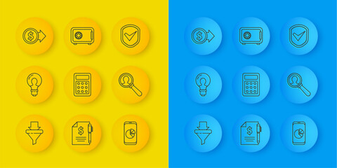 Poster - set line sales funnel with arrows, light bulb concept of idea, calculator, mobile phone graph chart,