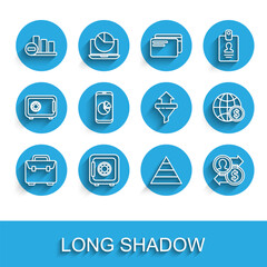 Poster - Set line Briefcase, Safe, Pie chart infographic, Pyramid infographics, Job promotion exchange money, Mobile phone with, Earth globe dollar and Sales funnel arrows icon. Vector