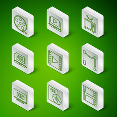 Poster - Set line Play Video, CD or DVD disk, Film reel, Laptop with 4k video, Online play, Smart display HD and Carpet barriers icon. Vector