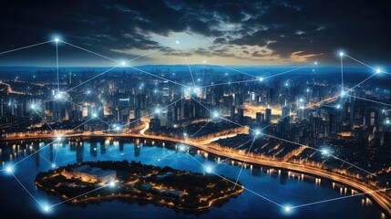 Aufkleber - Modern city with wireless network connection, Wireless network and technology connection.