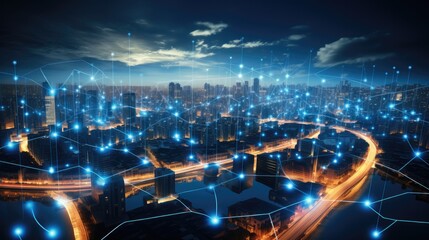 Aufkleber - Modern city with wireless network connection, Wireless network and technology connection.