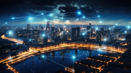 Aufkleber - Modern city with wireless network connection, Wireless network and technology connection.