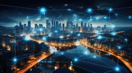 Aufkleber - Modern city with wireless network connection, Wireless network and technology connection.