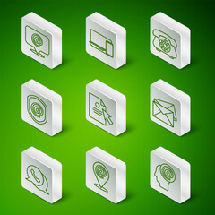 Poster - Set line Mail and e-mail, Location, Document cursor, Shield with, Monitor phone, Telephone speech bubble chat and Envelope icon. Vector