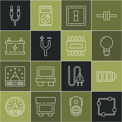 Poster - Set line Electric circuit scheme, Battery charge level indicator, Light bulb with concept of idea, light switch, cable, Car battery, Audio jack and Processor microcircuits CPU icon. Vector