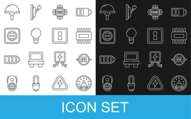Poster - Set line Ampere meter, multimeter, voltmeter, Electric circuit scheme, Processor with microcircuits CPU, Light bulb concept of idea, Electrical outlet, emitting diode and light switch icon. Vector