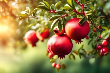 Wall Mural - Close up view. fresh pomegranate on tree in garden, sun light also present. 