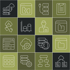 Poster - Set line Cloud technology data transfer, Browser files, File missing, Server, Data analysis, hacking, Network cloud connection and Analyst engineer icon. Vector