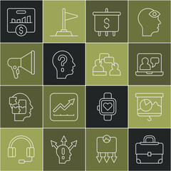 Wall Mural - Set line Briefcase, Chalkboard with chart, Online education, Target dollar, Head question mark, Megaphone, Key performance indicator and Two sitting men talking icon. Vector