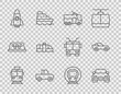 Set line Tram and railway, Car, Trolleybus, Pickup truck, Rocket ship, Train and icon. Vector