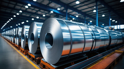 Poster - Rolls of galvanized steel sheet inside warehouse or factory building.