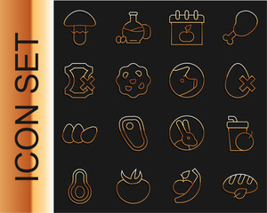 Wall Mural - Set line Vegan bread loaf, Fresh smoothie, No egg, World Vegetarian day, Cookie biscuit, leather, Mushroom and Pig icon. Vector