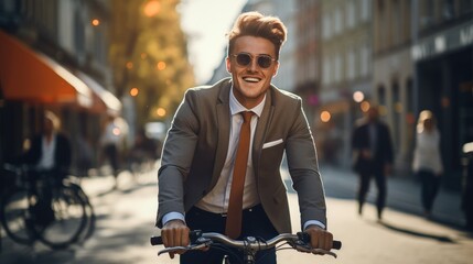 Young businessman cycling in the city in his suits.