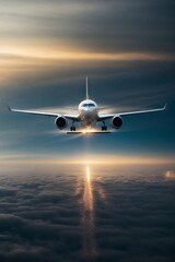 Canvas Print - A flying plane over white clouds on a blue sky background.