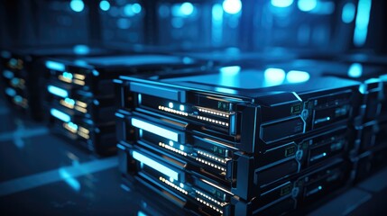 Servers stack with hard drives in a datacenter for backup and data storage.