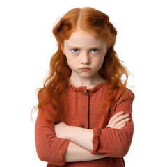 Upset Little Ginger Girl with Crossed Arms - Transparent Background