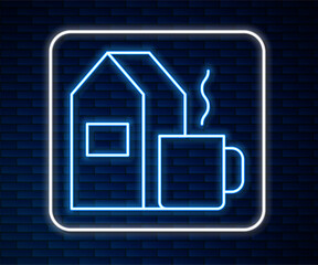 Wall Mural - Glowing neon line Cup of tea with milk icon isolated on brick wall background. Vector