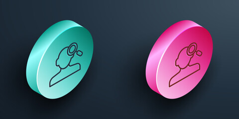 Poster - Isometric line Finding a problem in psychology icon isolated on black background. Turquoise and pink circle button. Vector