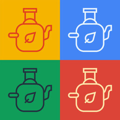 Poster - Pop art line Teapot with leaf icon isolated on color background. Vector