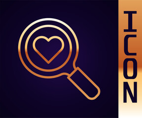 Poster - Gold line Search heart and love icon isolated on black background. Magnifying glass with heart inside. Happy Valentines day. Vector