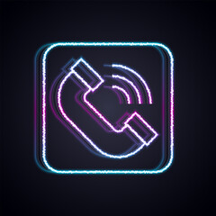 Poster - Glowing neon line Telephone handset icon isolated on black background. Phone sign. Vector