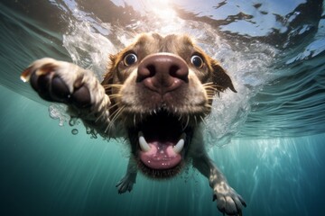 Portrait of a funny face dog swimming in the blue water undersea background.