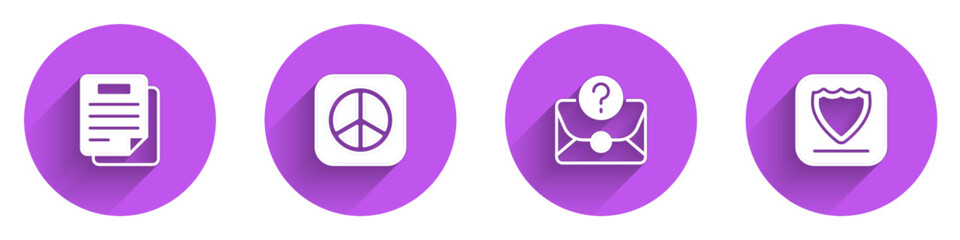 Poster - Set Document, Peace, Envelope with question mark and Shield icon with long shadow. Vector