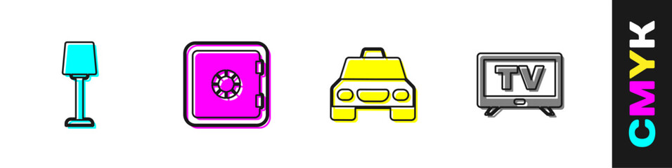 Poster - set table lamp, safe, taxi car and smart tv icon. vector