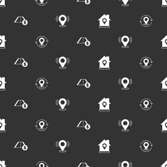 Poster - Set Location with house, Map pin, Toll road traffic and on seamless pattern. Vector