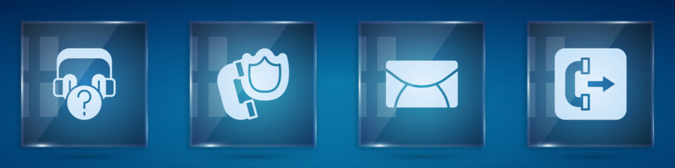 Poster - Set Headphones with question, Telephone handset shield, Mail e-mail and Outgoing call. Square glass panels. Vector