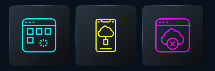 Poster - Set line Loading data window, Failed access cloud storage and Cloud technology transfer. Black square button. Vector