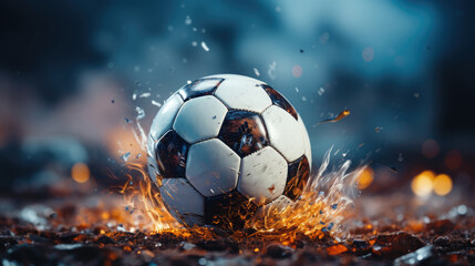 Wall Mural - Flying Soccer football splash of mud and water on the grass ground